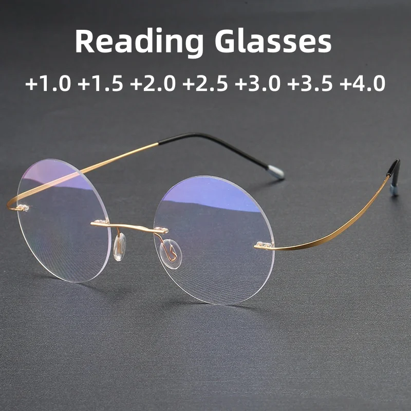 

Vintage Frameless Anti Blue Light Reading Glasses Men's Round Frame Lightweight Non Face Clip UV Resistant Glasses Unisex