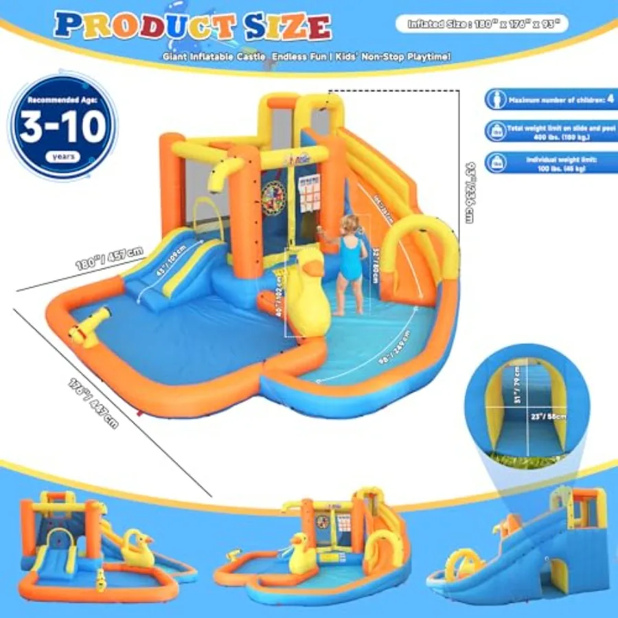 Backyard inflatable water park for kids 3-10yr: PVC blue/red 12-in-1 large slide with dual slides splash pools climbing wall tu