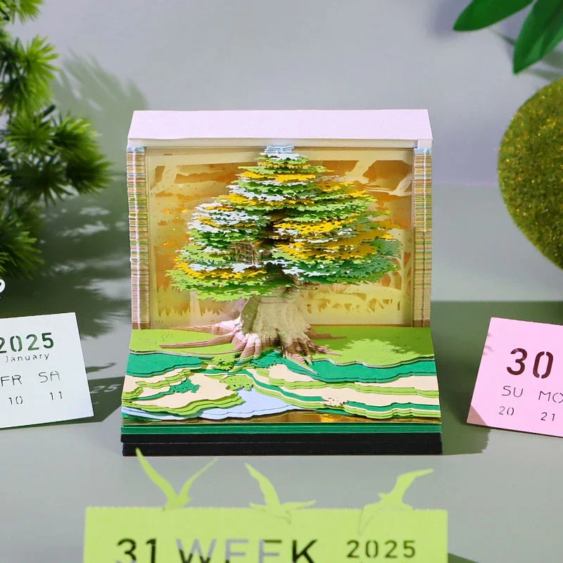 

2026 Desk Calendar Time Piece with LED Light 3D Tear-Away Paper Carving Art Memo Pad Notepad - Unique Christmas Gift