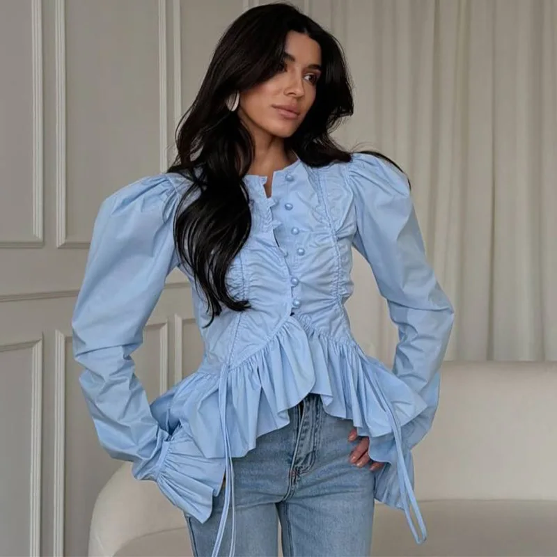 

Элегантная шикарная женская рубашка с рюшами по низу, расклешенными рукавами, на одной пуговице, с завязками и складками, укороченная, весна-лето 2026, женский топ