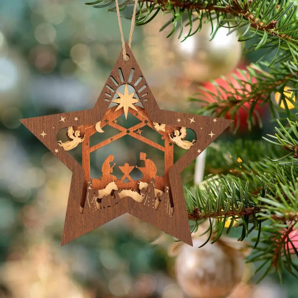 Wooden Jesus Star Ornament Wooden Christian Christmas Star Ornament Nativity Scene Decoration Eco-friendly For Xmas For Women