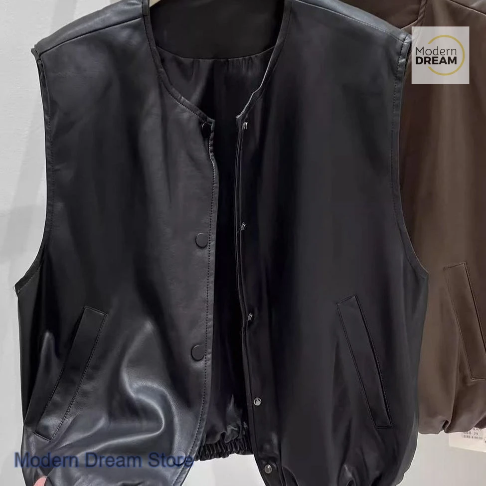 

Korean round neck solid color sleeveless leather vest jacket women's spring and autumn new fashion temperament vest casual top