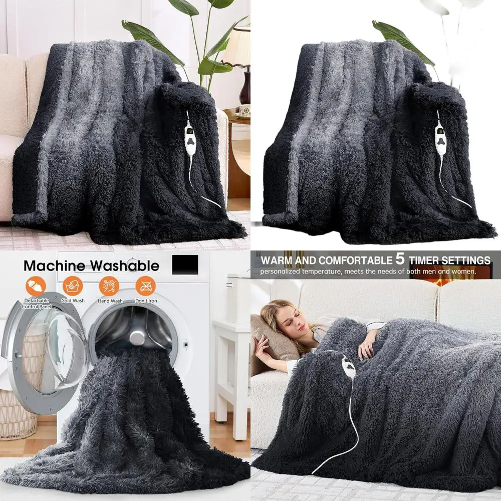

Faux Fur Sherpa Electric Blanket, 10 Heat & 5 Timer Settings, Fast Warming, 50x60, Black