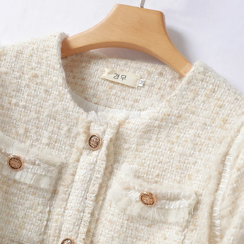 Women's solid color coarse woolen coat 2025 new spring/autumn small fragrance style top round neck coat