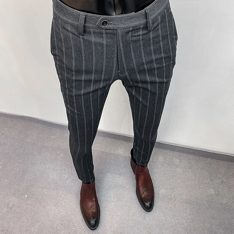 

2024 Men Fashion Striped Business Casual Suit Pants Fashion High Street High Quality Straight Tube Slimming Hombre Western Pants