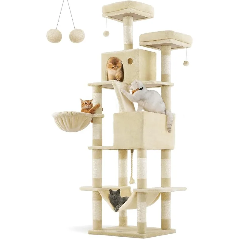 

Feandrea Cat Tree, 81.1-Inch Large Cat Tower with 13 Scratching Posts, 2 Perches, 2 Caves, Basket, Hammock, Pompoms, Multi-Level