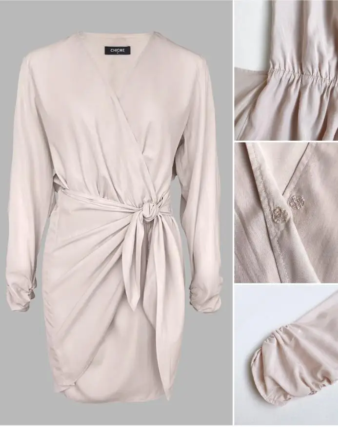 Temperament Commuting New Fashion Women's Casual Hip Wrap Dresses Urban Dresses Women V-Neck Long Sleeve Tied Detail Mini Dress