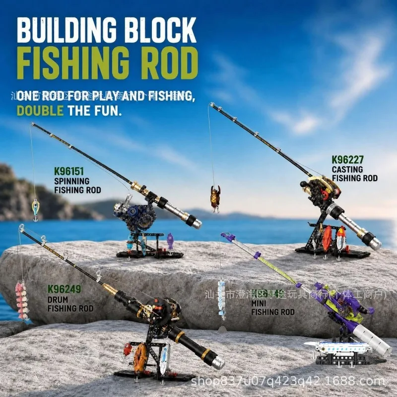 Water Droplet Wheel Fishing Rod Building Block Set with Display Rack Creative DIY Simulation of Sea Fishing Toy Ornament Model