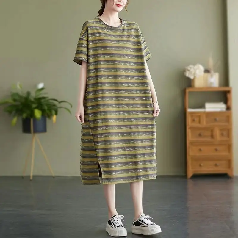 

Fashion O-Neck Loose Printed Striped Casual Dresses Female Clothing Summer New Oversized All-match Short Sleeve Dresses