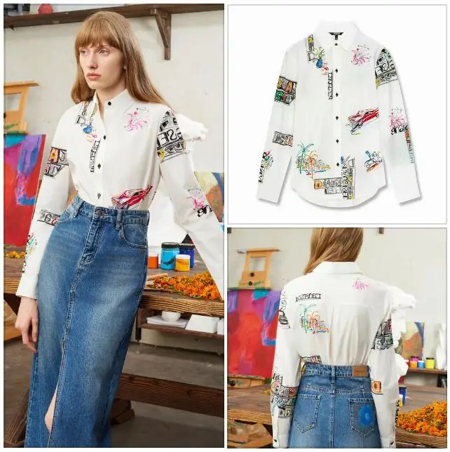 Foreign trade Spain original single women\'s shirt loose cotton printed letter flip collar long sleeved casual shirt new style