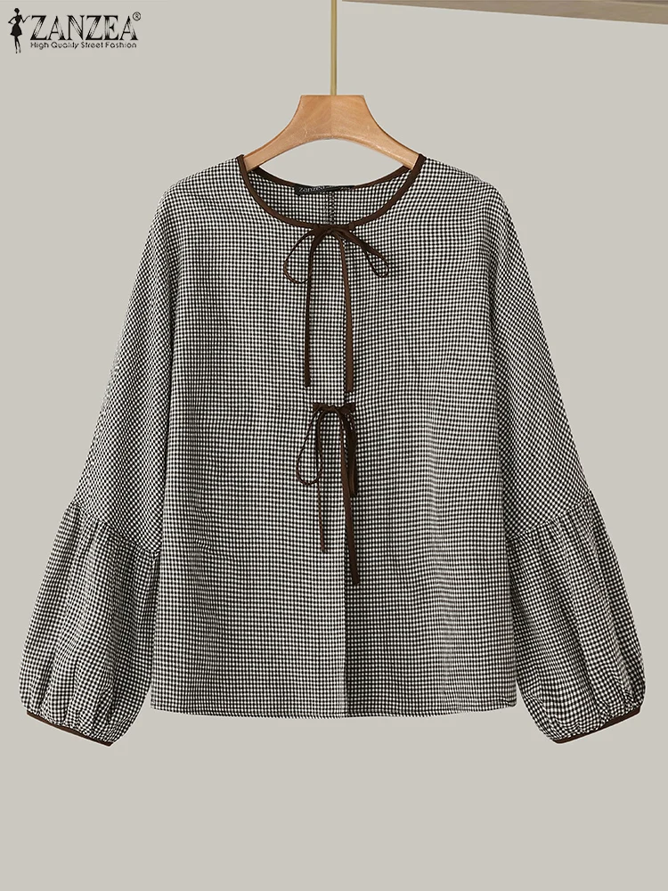 ZANZEA المرأة منقوشة بلوزة مطبوعة أزياء من الدانتل حتى قمصان عطلة سويتي س الرقبة طويلة الأكمام بلايز عادية الخريف 2024 ربطة القوس فيونكة الستر #4