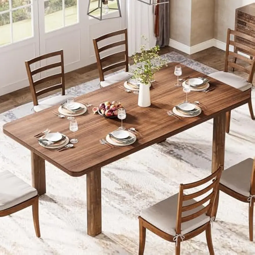 Mesa de comedor de madera para 4-6 personas, mesa de cocina de granja de 63 pulgadas con patas de madera maciza, mesa de cena Rectangular para