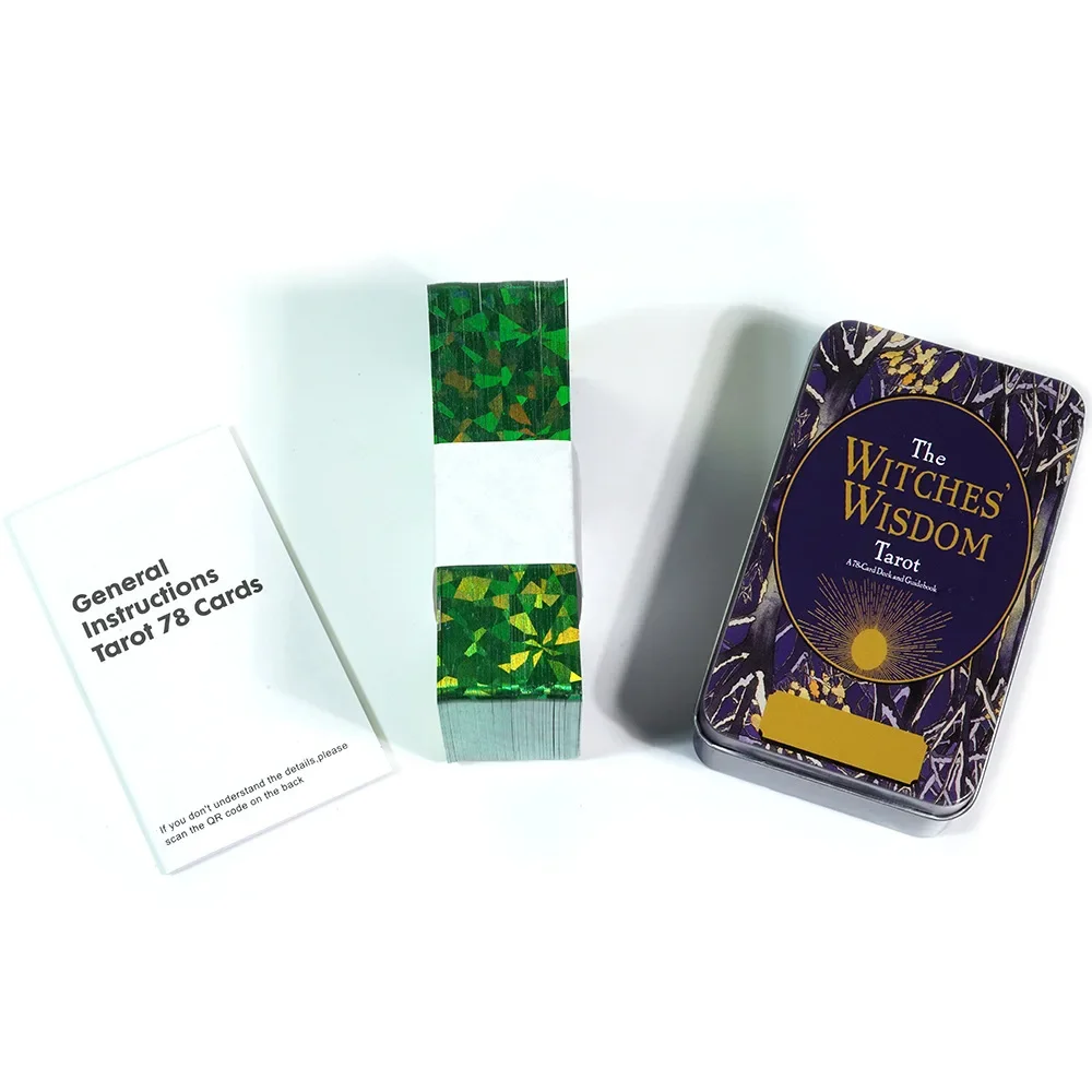 10.3*6cm The Witchesโ Wisdom Tarot Deck In A Tin Box with Green Gilded Edges 78 Pcs Tarot Cards with Guidebook for Beginners