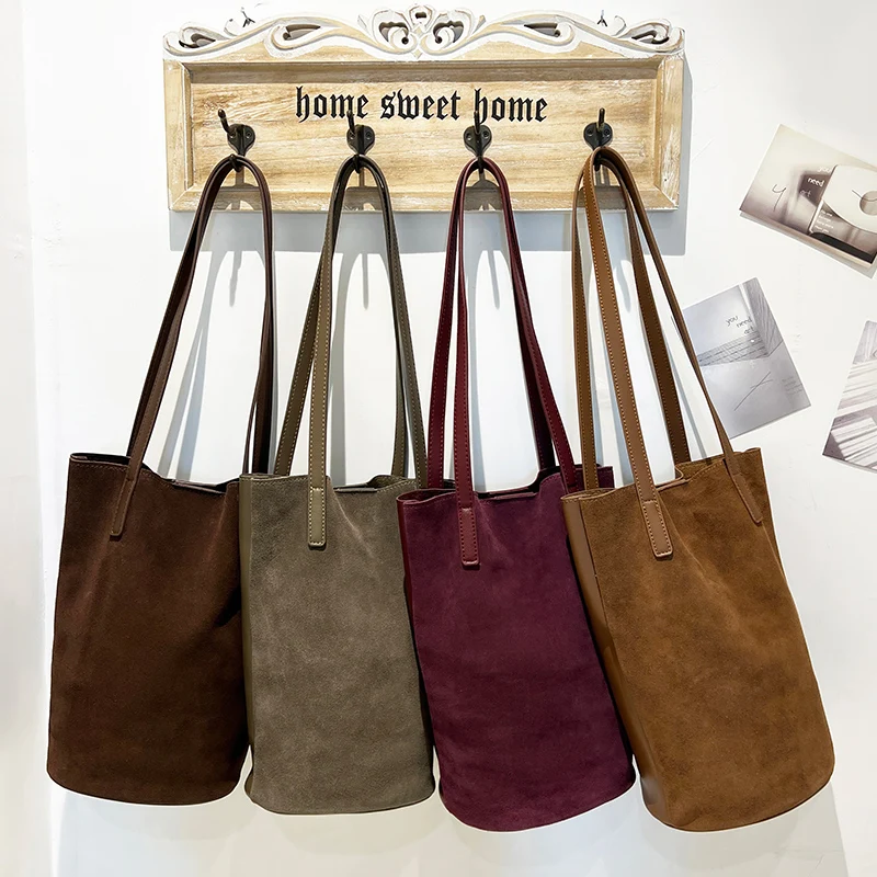 100% Genuine Leather Bucket Bags for Women Luxury S Class Suede Tote Bag with Coin Purse Large Capacity Shoulder Crossbody Bag