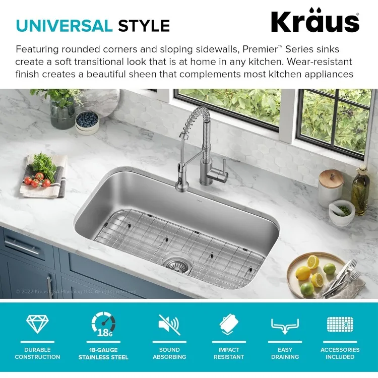 Aço inoxidável Single Bowl Kitchen Sink, Premier Undermount, 18 Gauge, 32"