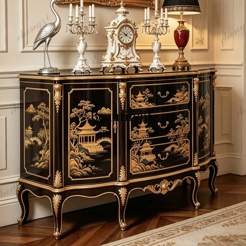 High-end French vintage hand-painted gilded entryway cabinet, living room sideboard, storage cabinet