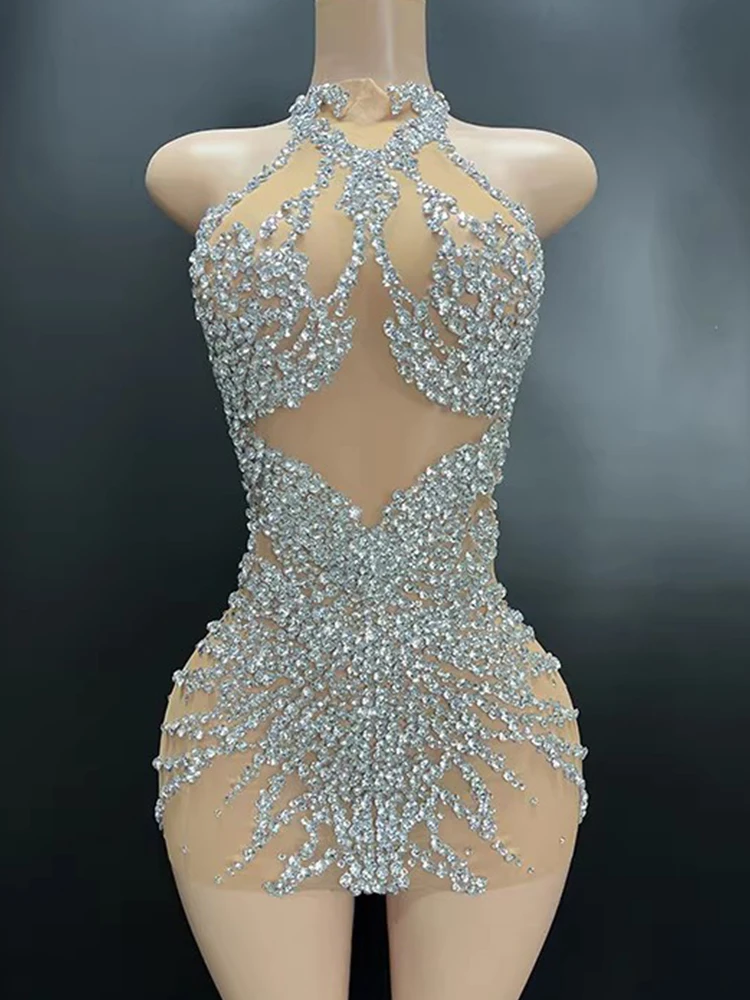 High Quality Rhinestone Sexy Mesh Hanging Neck Elastic Dress 2025 New Fashionable Custom Women'S Clothing