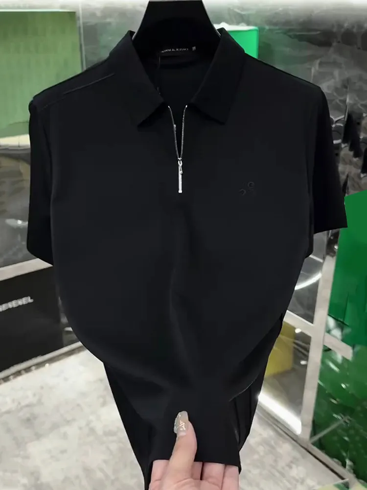 large size trendy brand handsome and fashionable slim-fitting short-sleeved semi-zipper polo shirt temperament versatile top