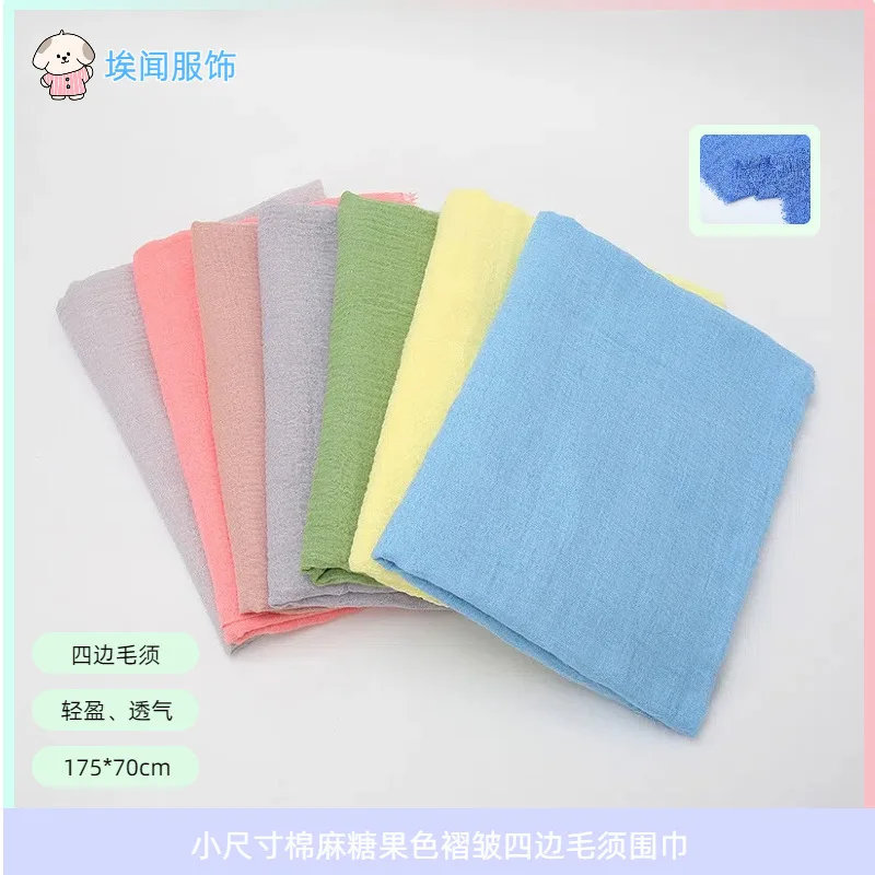 Small Size Cotton Linen Candy Color Crinkle Scarf for Women, Four-Sided Fringe Indian Long Shawl VS23 Fashion Wrinkled Wrap