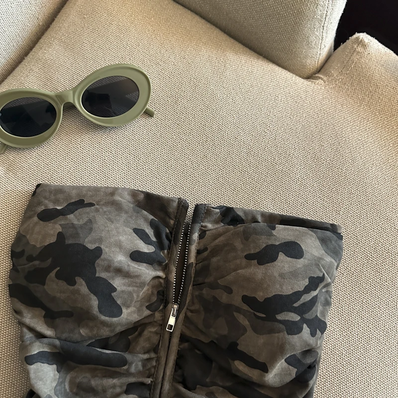 Sexy American Girl Camouflage Print Tube Top Vest Women's Summer Zipper Open Cardigan Shoulder Bared Short Style Top