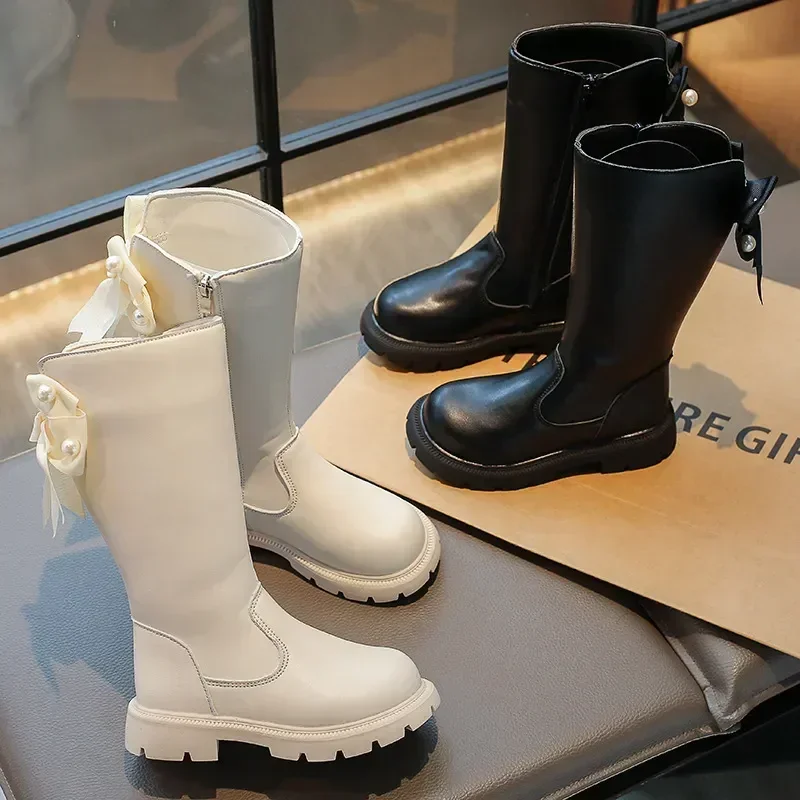 Bottes hauteur genou avec nœud pour enfants, chaussures princesse pour filles, haut étudiant, mode automne et hiver, nouveau, 2024