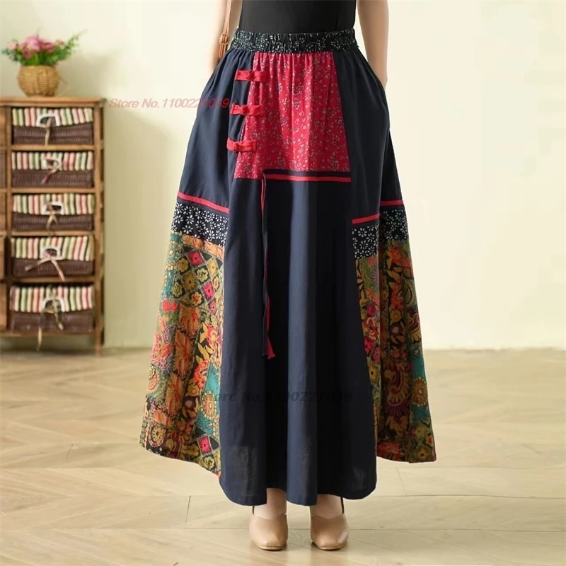 2025 traditional chinese vintage folk skirt national flower print patchwork skirt elastic waist a-line ethnic skirt streetwear