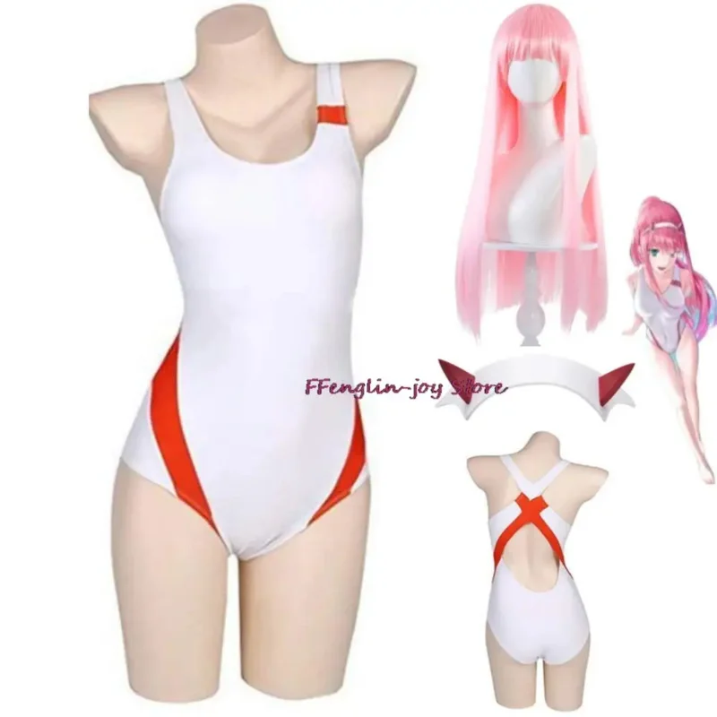 Anime 02 Zero Two Cosplay Costume Wig Jumpsuits Tight Swimwear Woman Sexy Summer Day Party Bikini