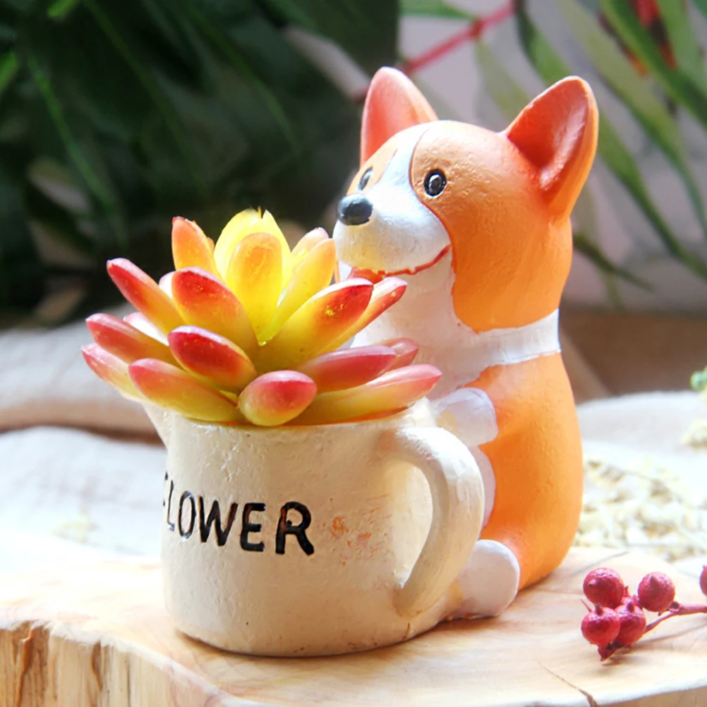 

Corgi Flower Pot Dog Shape Resin Planter Desktop Vase Succulent Planters Non Fading Durable Cartoon Container Breathing Hole