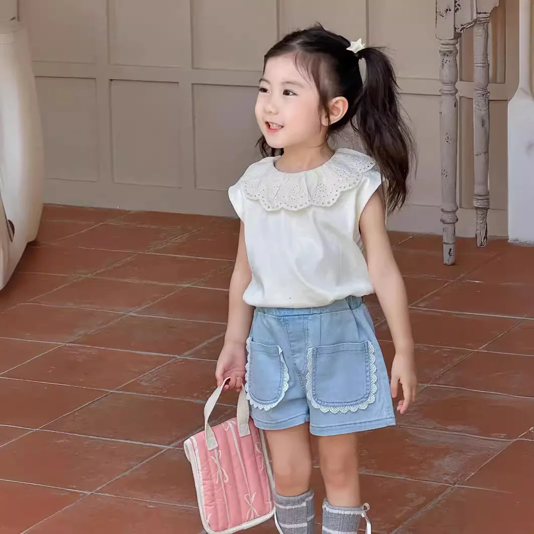 

Girls suit 2024 summer new lace collar blouse+denim shorts two-piece set