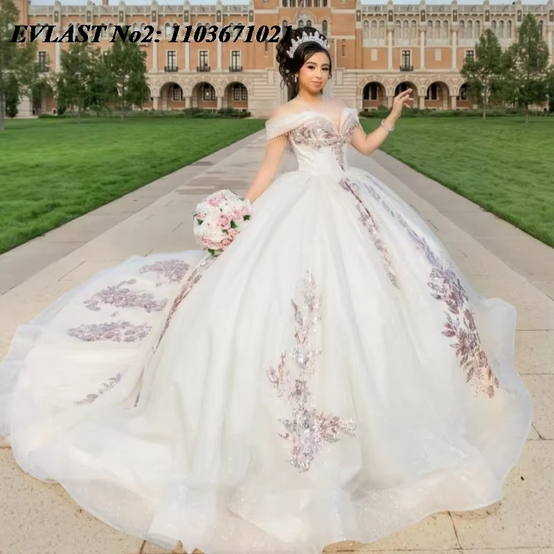 EVLAST Customized Shiny Beige Quinceanera Dress Ball Gown Sequins Applique Beading Corset Sweet 16 Vestidos De 15 Anos E2Q04
