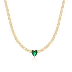 Valentine's Day Gift Heart Design Fashion Gewelry  Plated Gold 3mm CZ Tennis Chain Green White Pink Heart Stone Necklace