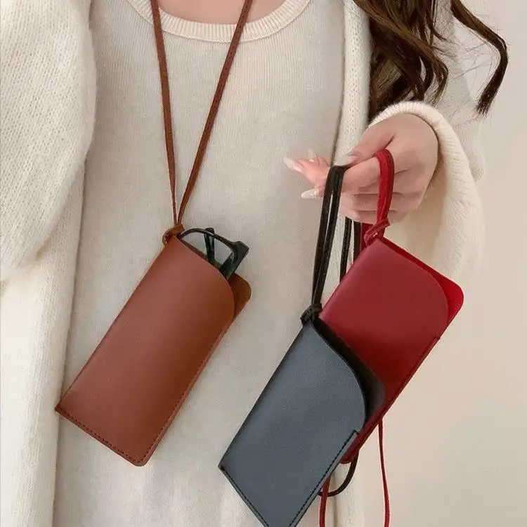

Fashion Pu Leather Glasses Bag Case With Strap Hanging Neck Eyeglasses Lanyard Storage Pouch Eyewear Case Trendy Accessory