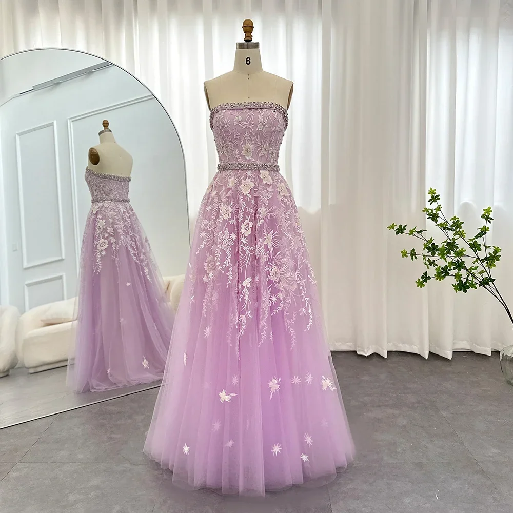 Elegant Strapless Sleeveless Appliques Evening Dresses Luxury Crystal Floral A-Line Gowns Floor Length Party Evening Dresses