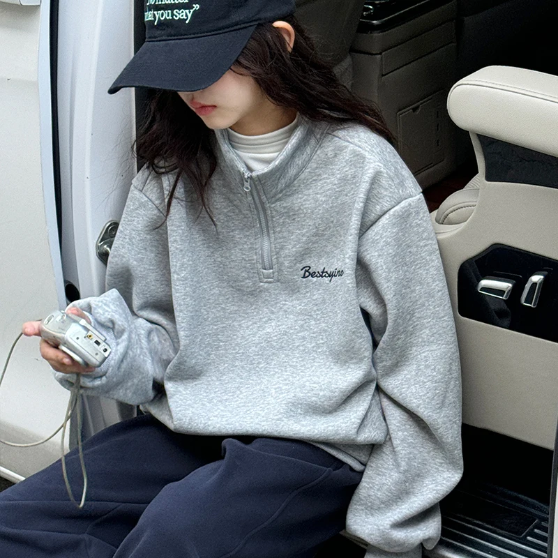 Girls' Thickened Velvet Hoodie for Autumn Winter Casual Loose Fit Half Zipper Integrated Velour Children's Fashion