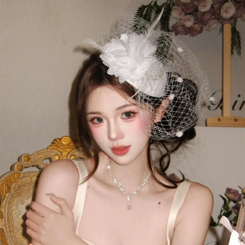 

New Vintage Mesh Top Hat White Black Elegant Bridal Temperament Hairbands Hair Accessories Banquet Dress