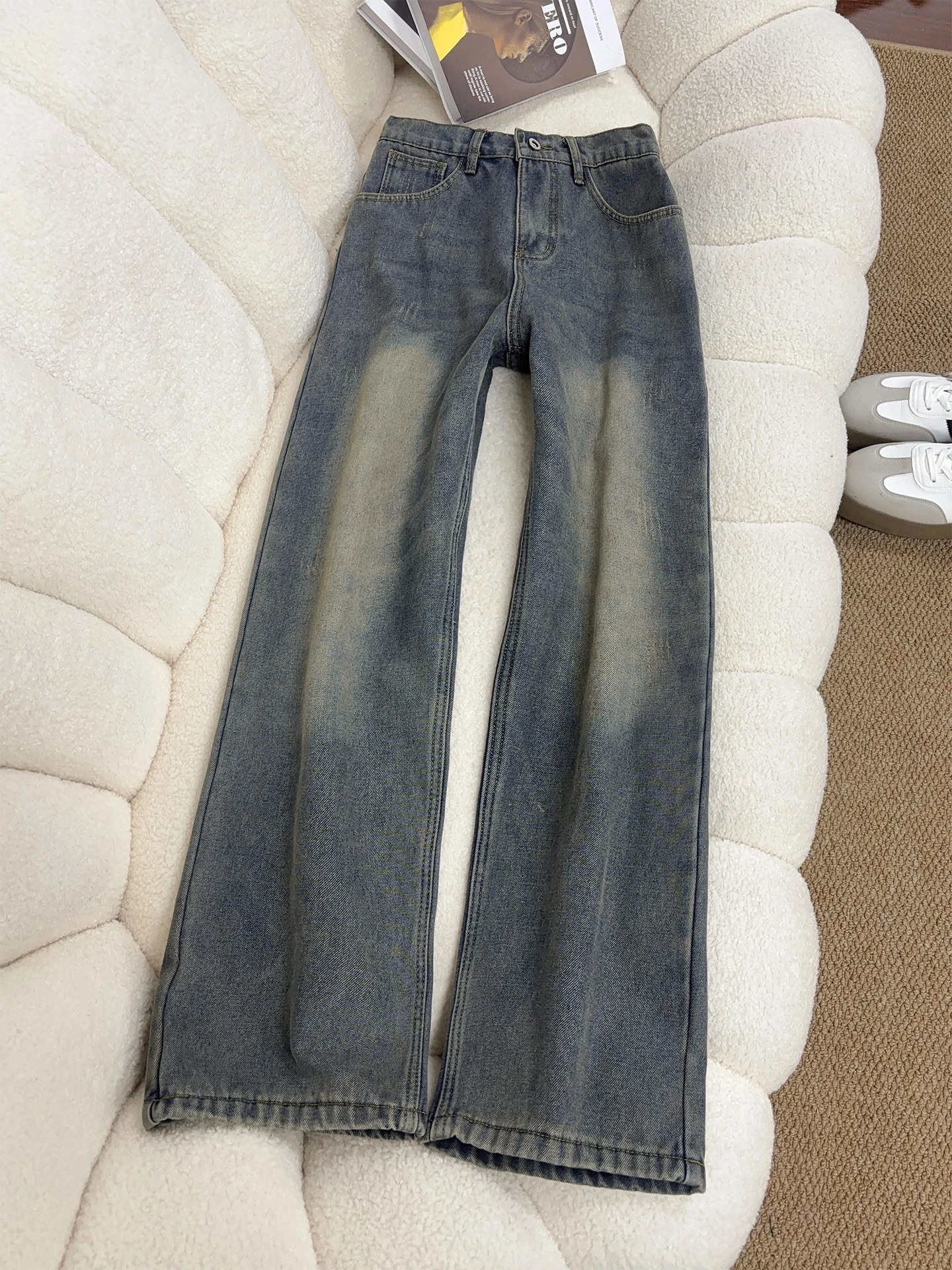 

Cleanfit Vintage Blue Straight Leg Men's Jeans American High Street Wide Leg Long Pants Loose Casual Trousers