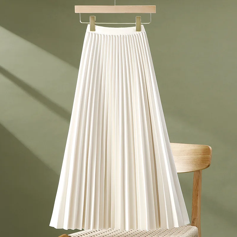 Beige Pleated Skirt Women's Spring And Summer Retro High Waist Casual Versatile Medium And Long A-shaped Skirt