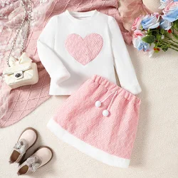 Suefunskry Kids Girls Fall Outfit Sweet Heart Pattern Round Neck Long Sleeve Tops Elastic Waist Mini Skirts 2Pcs Fashion Set