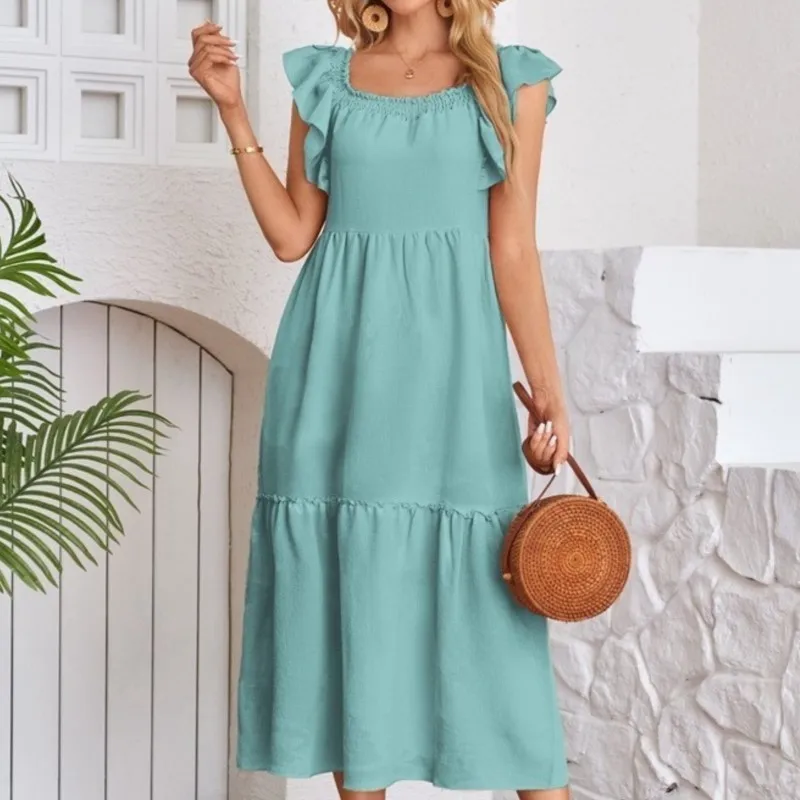Feminino decote em u pétala mangas cor sólida cintura alta saia longa elegante em camadas plissado vestido evasê vestido casual