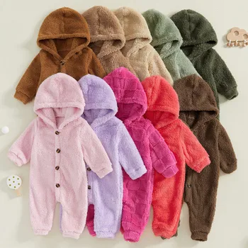 RUEWEY da 0 a 12 mesi neonata ragazzo pagliaccetto in pile autunno inverno vestiti caldi tinta unita manica lunga tuta intera con cappuccio