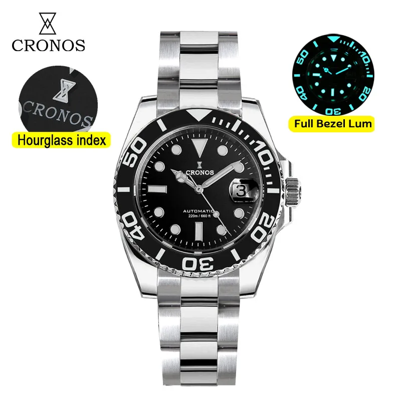 Cronos Sub Diver Men Watch Stainless Steel PT5000 MOVT 40MM Diameter Bracelet Ceramic Bezel 20ATM Water Resistant Super Lum