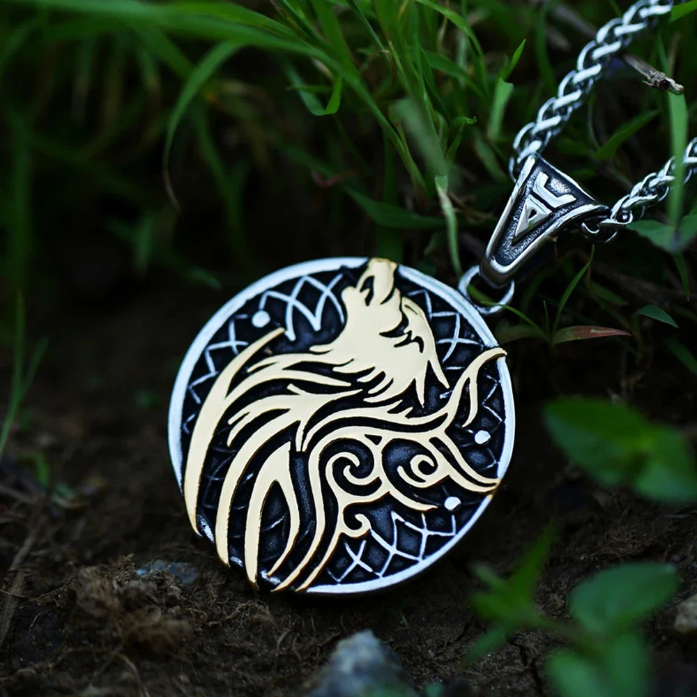 Vintage Men Viking Wolf Necklace Pendant Punk Fashion Biker Nordic Stainless Steel Wolf Head Viking Pendant Jewelry Chain