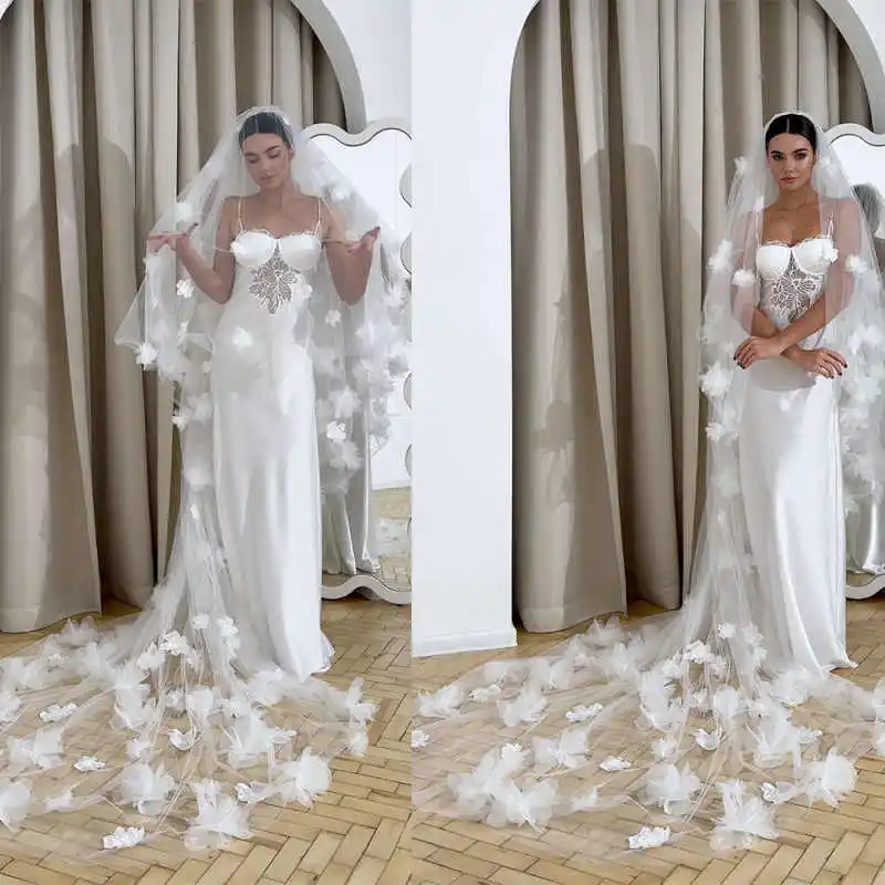 

Великолепная кружевная фата, свадебные аксессуары, длинная вуаль, 3D цветы, аппликации, фата невесты по индивидуальному заказу