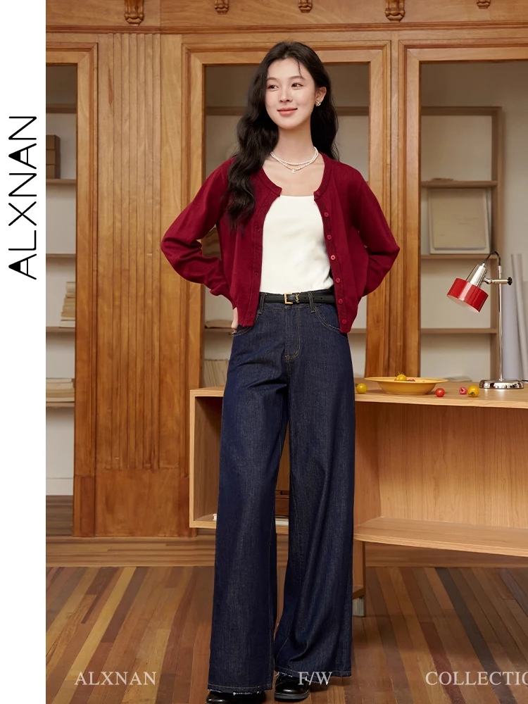 ALXNAN Women\'s Jeans Dark Blue Vintage Wide-leg High-waist Buggy Denim Pants 2026 Cotton Elegant Straight Trousers L39858 L62008