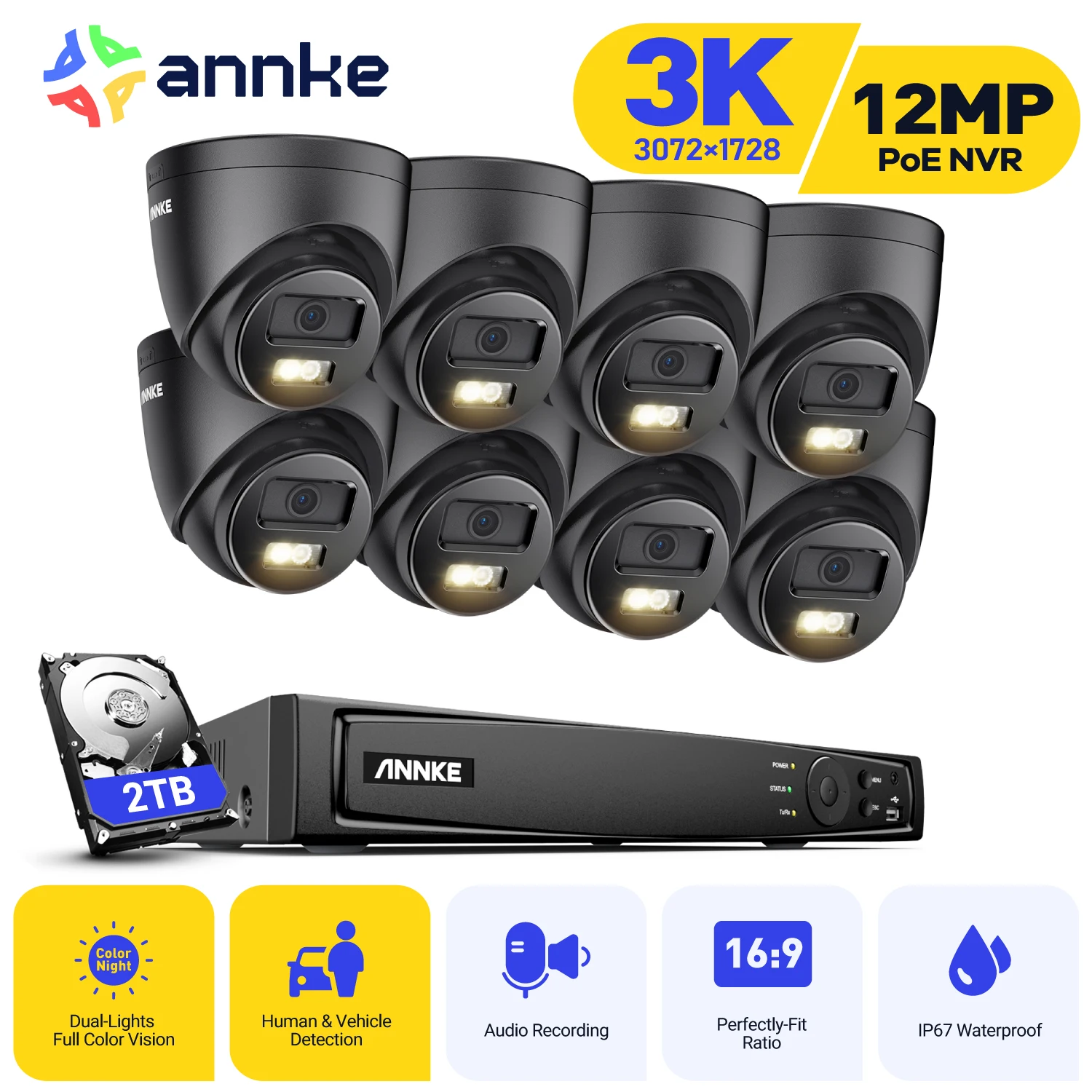 ANNKE 8CH HD POE Security Cameras CCTV Kit 8MP NVR Recorder With 3K Video Surveillance System  Built-in Mic 8PCS Ip camera