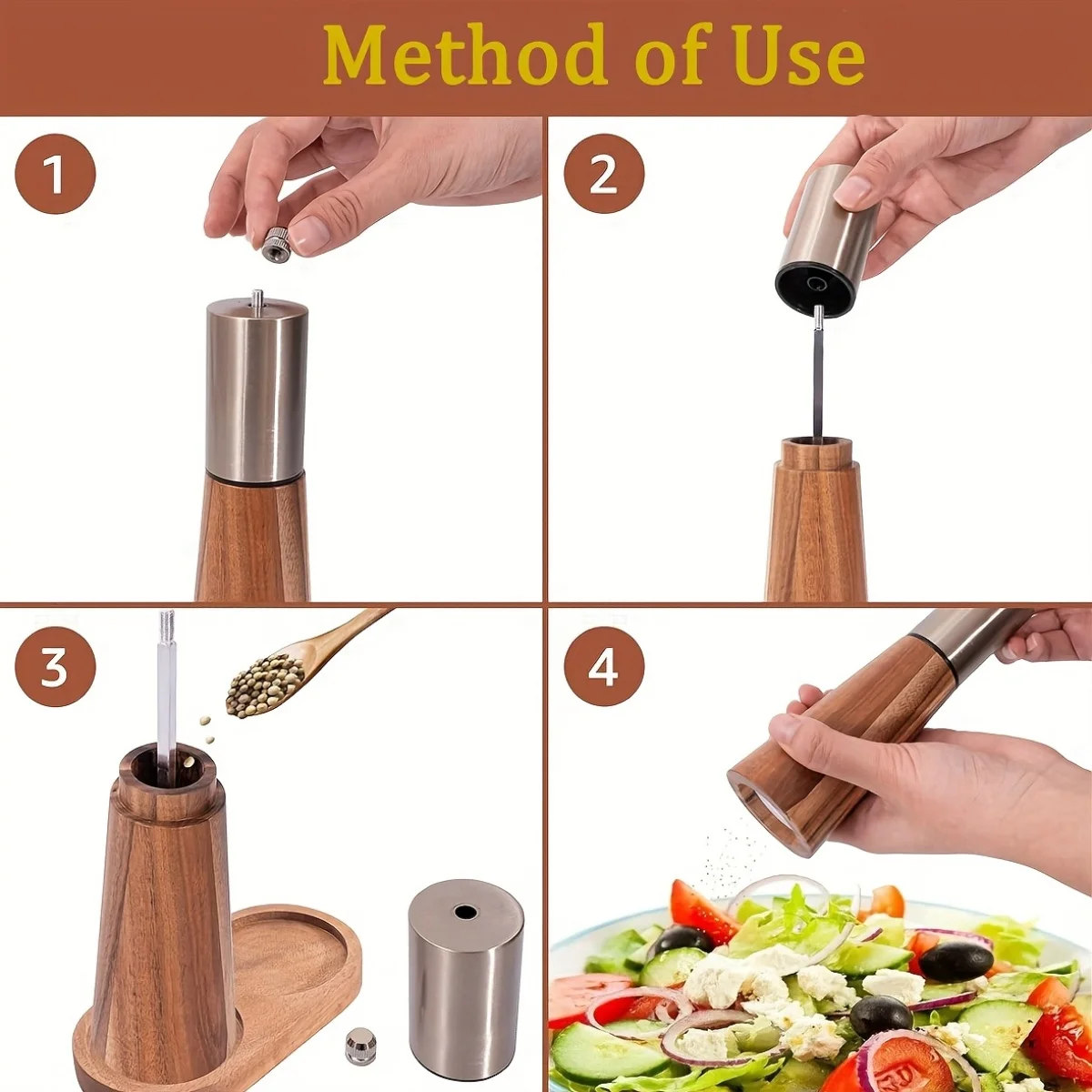 Wooden Pepper Grinder Manual Ceramic Core 304 Stainless Steel Multi Use Kitchen Tool for Salt Spices