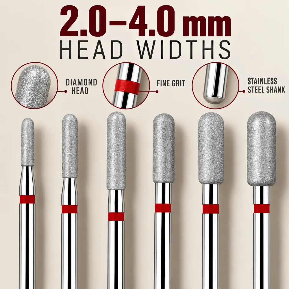 2-4mm 6Pcs Cylindrical Round Head Diamond Nail Drill Bits 235mm Universal Shank Fine Grit For Cuticle Smoothing Manicure Tool