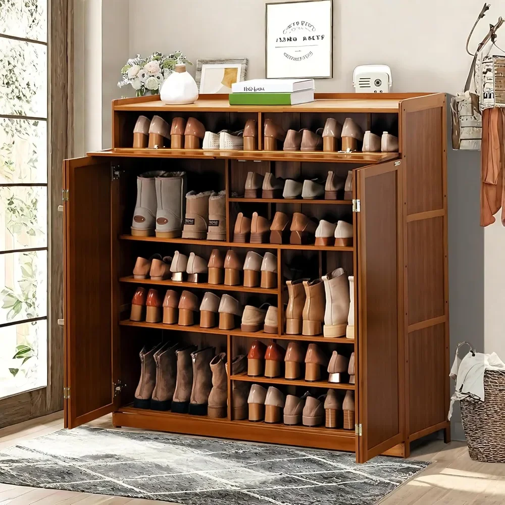 8 Tier Bamboo Shoe Cabinet with Door, Entryway Shoe Storage Cabinet for 36-40 Pairs, Shoe Rack Organizer