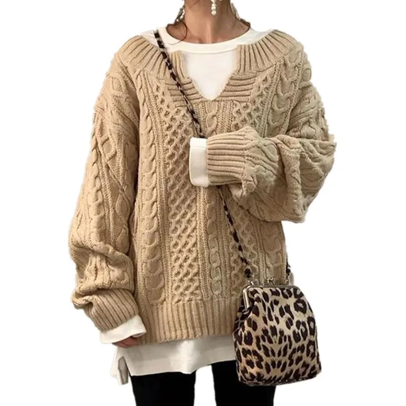 New Women Knitted Pullovers Autumn Warm Loose Fit Half Open Collar Tops Solid Basic Knit Sweater Retro Office Lady Jumper Winter