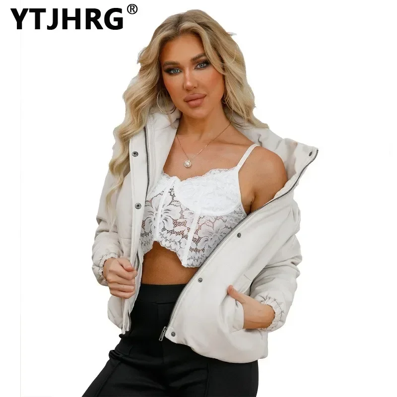 YTJHRG Jackets Women\'s Thicken Parkas Stand Collar Coats 2024 New Female Clothing Motor Biker Zipper with Pocket Autumn Winter